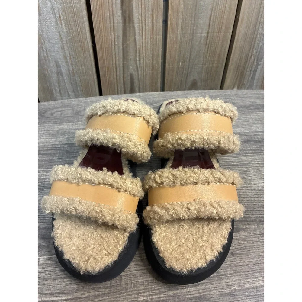 Staud Shearling Platform Slides Tan Cream Double Strap Sandals Size 39
